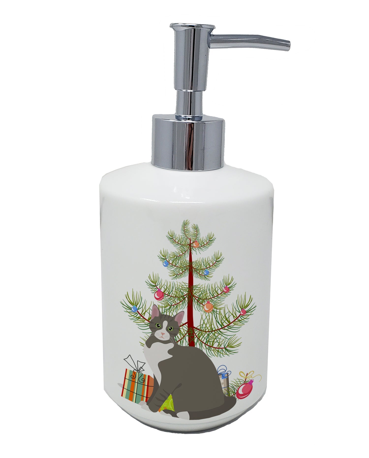 Brazilian Shorthair Cat Christmas Ceramic Soap Dispenser , Empty Refillable Hand Soap Pump Bottle for Bathroom Kitchen