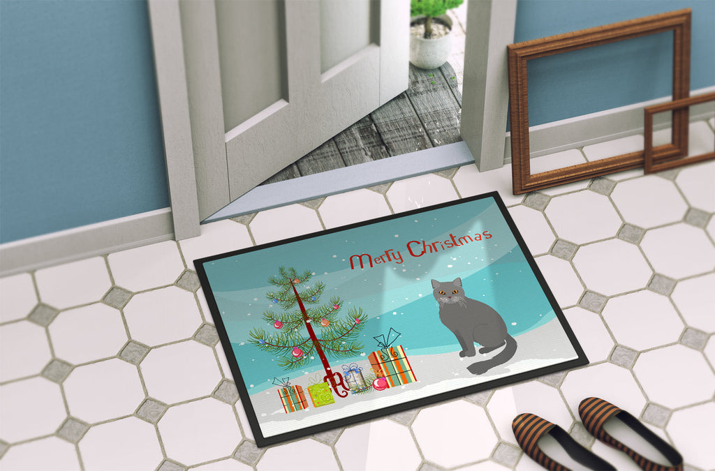 British Semi Longhair Cat Christmas Doormat Indoor Outdoor 24H X 36W Front Door Mat Rugs for Entryway, Non Slip Washable Low Pile,