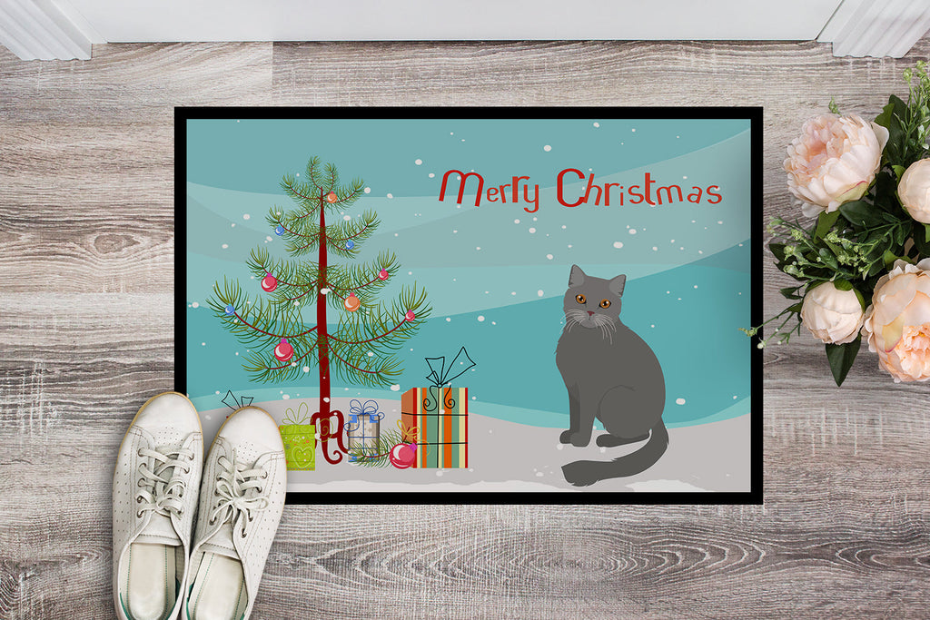 British Semi Longhair Cat Christmas Doormat Indoor Outdoor 18H X 27W Front Door Mat Rugs for Entryway, Non Slip Washable