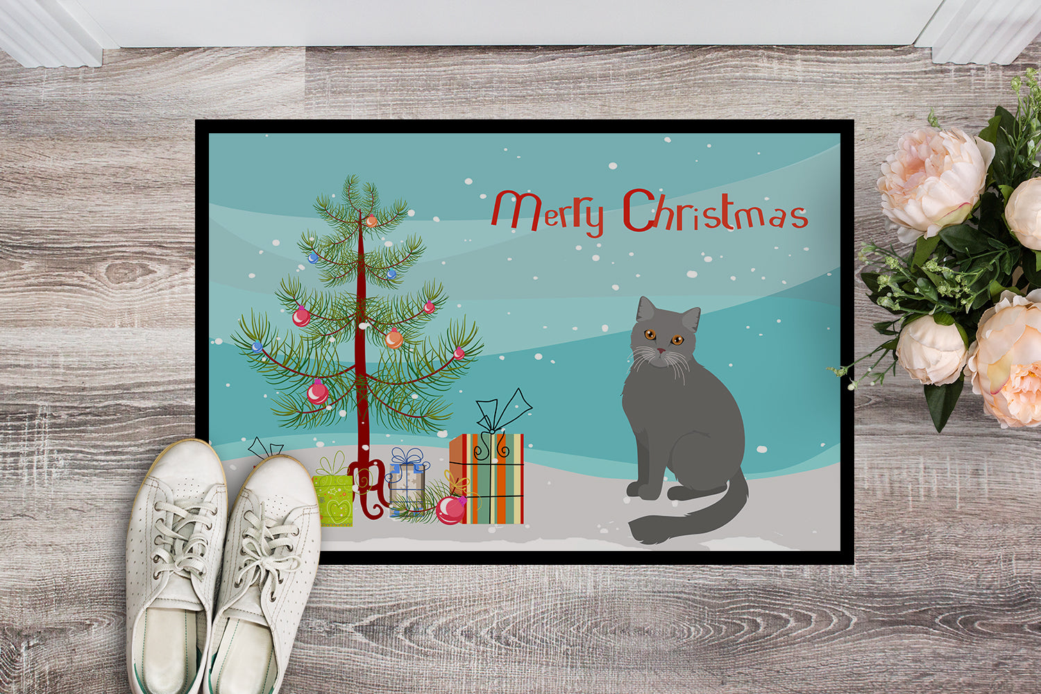 British Semi Longhair Cat Christmas Doormat Indoor Outdoor 18H X 27W Front Door Mat Rugs for Entryway, Non Slip Washable