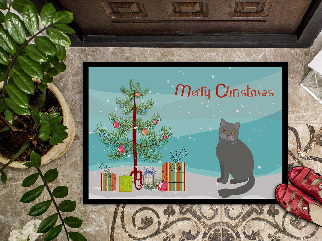 British Semi Longhair Cat Christmas Doormat Indoor Outdoor 18H X 27W Front Door Mat Rugs for Entryway, Non Slip Washable