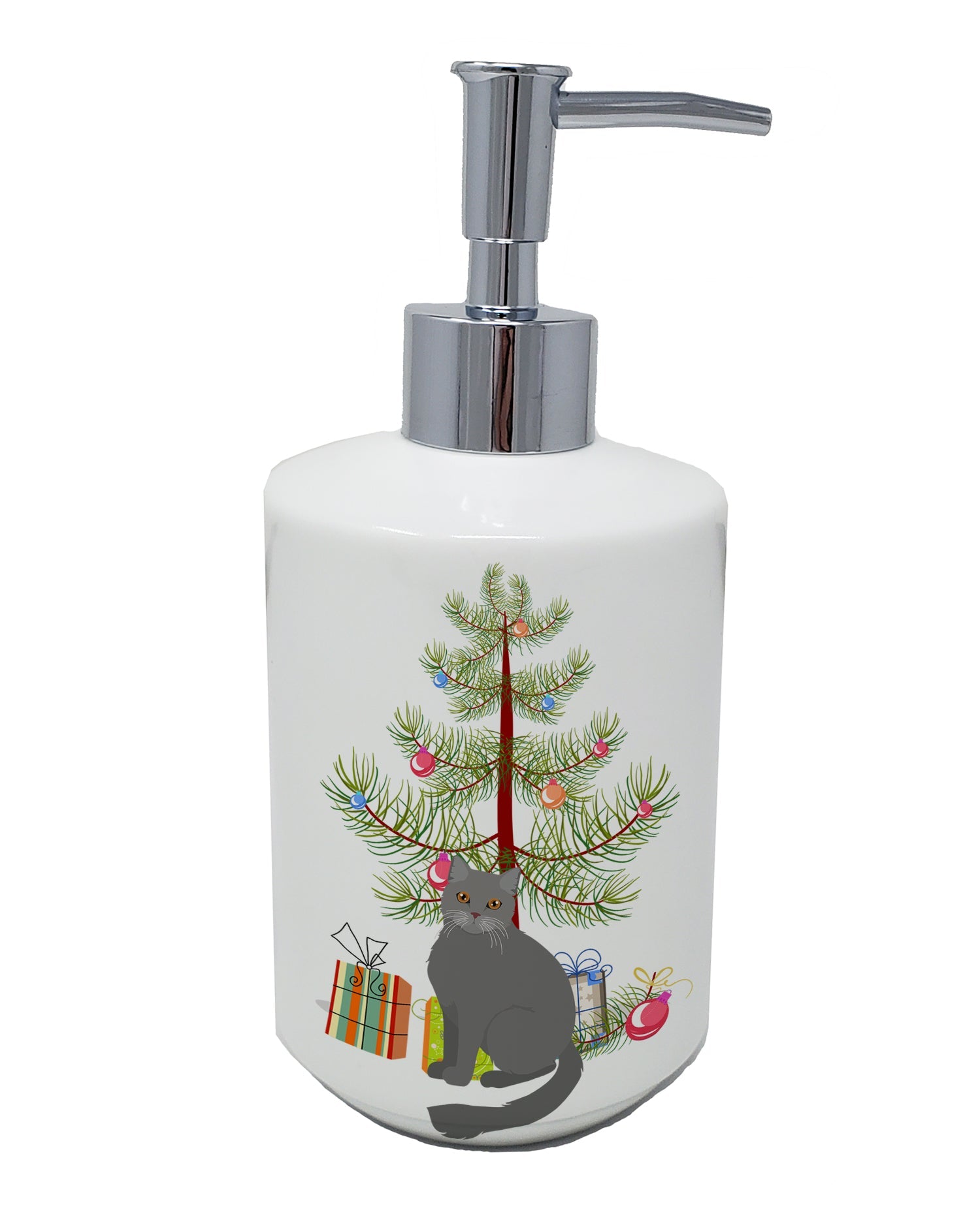 British Semi Longhair Cat Christmas Ceramic Soap Dispenser , Empty Refillable Hand Soap Pump Bottle for Bathroom Kitchen