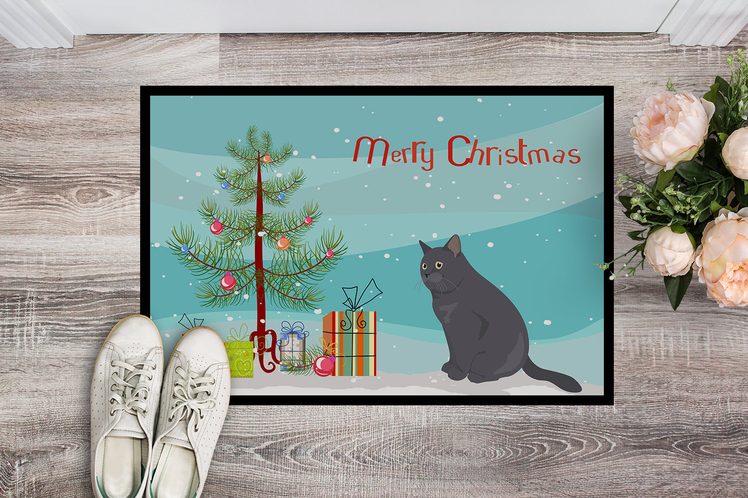 British Shorthair Cat Christmas Doormat Indoor Outdoor 24H X 36W Front Door Mat Rugs for Entryway, Non Slip Washable Low Pile,