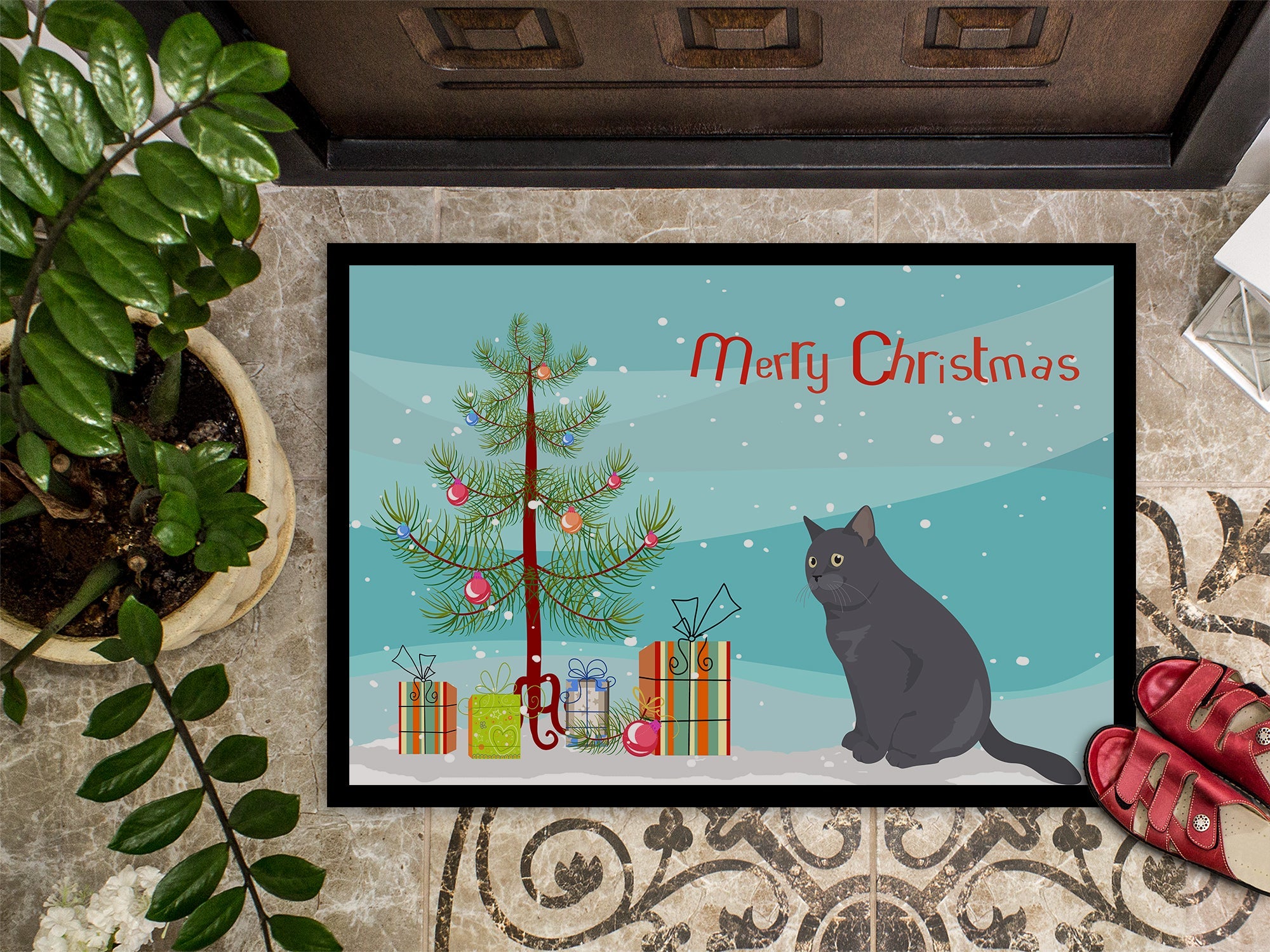 British Shorthair Cat Christmas Doormat Indoor Outdoor 24H X 36W Front Door Mat Rugs for Entryway, Non Slip Washable Low Pile,
