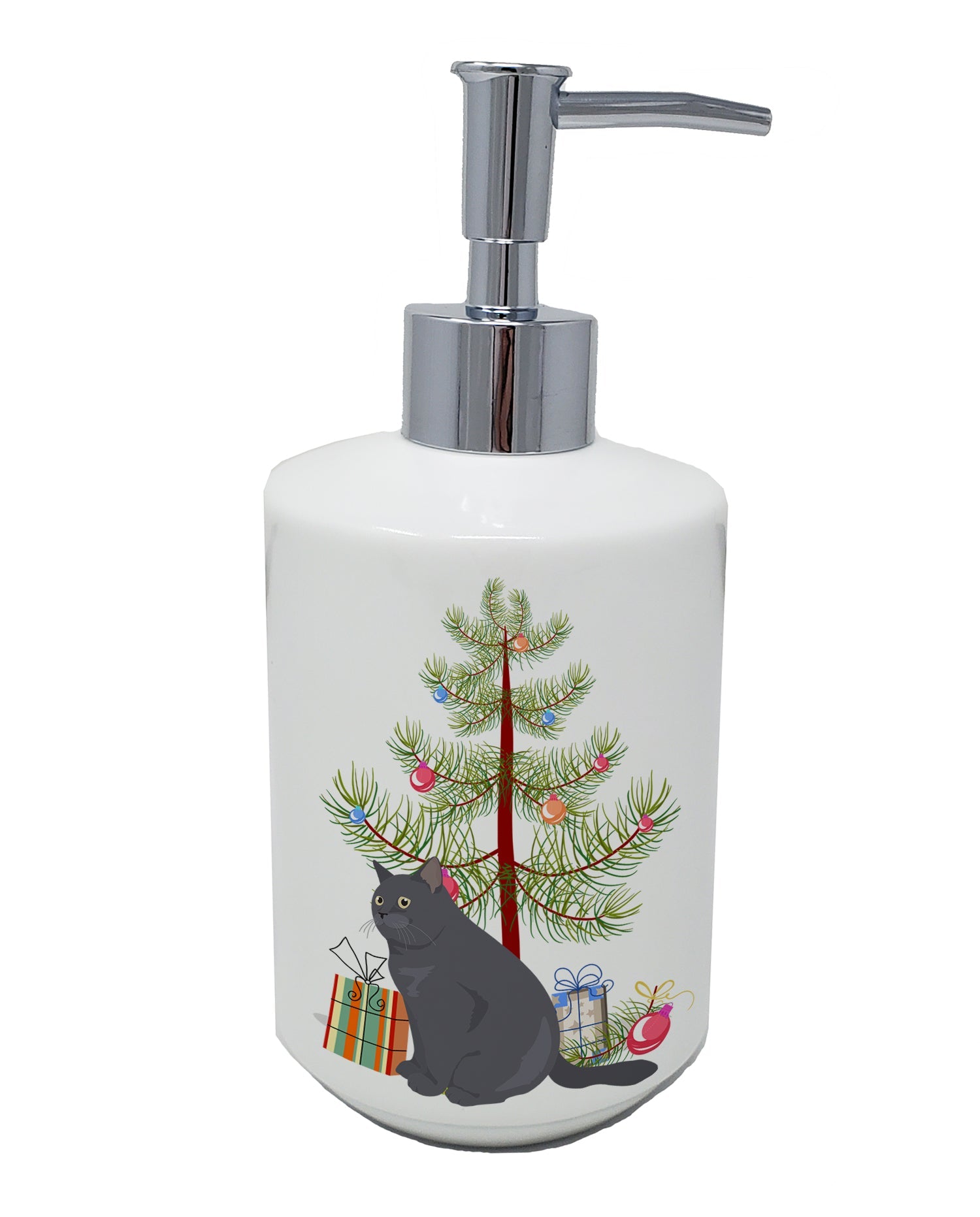 British Shorthair Cat Christmas Ceramic Soap Dispenser , Empty Refillable Hand Soap Pump Bottle for Bathroom Kitchen