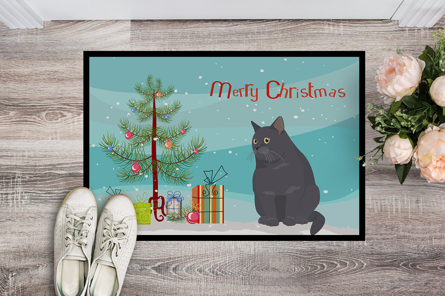 British Shorthair Cat Christmas Doormat Indoor Outdoor 24H X 36W Front Door Mat Rugs for Entryway, Non Slip Washable Low Pile,