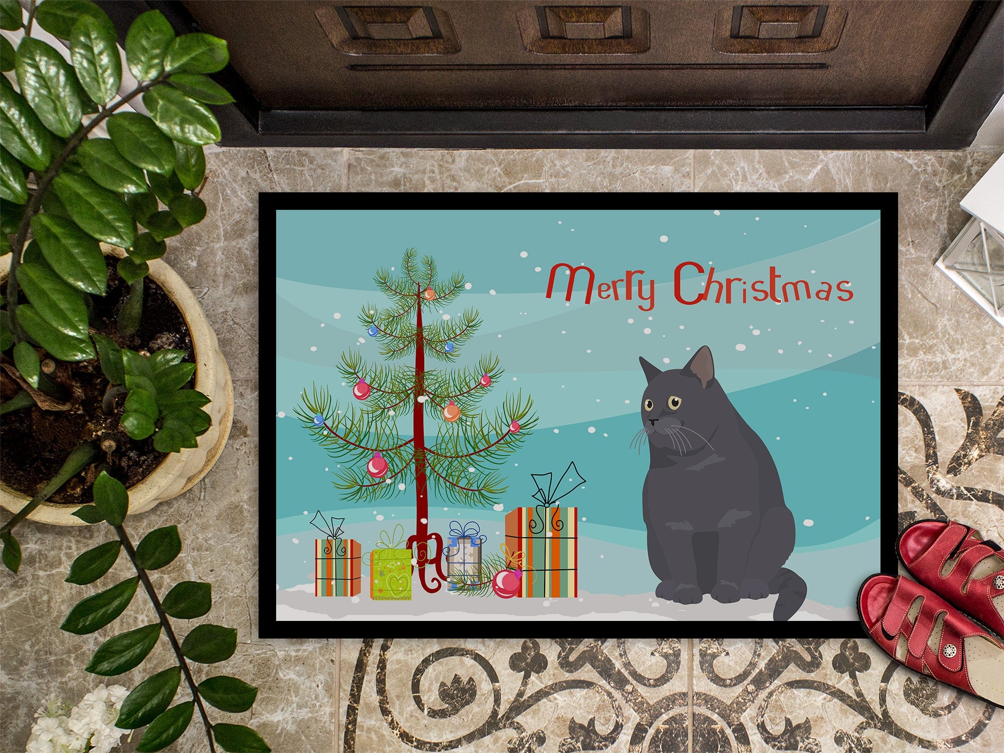British Shorthair Cat Christmas Doormat Indoor Outdoor 18H X 27W Front Door Mat Rugs for Entryway, Non Slip Washable