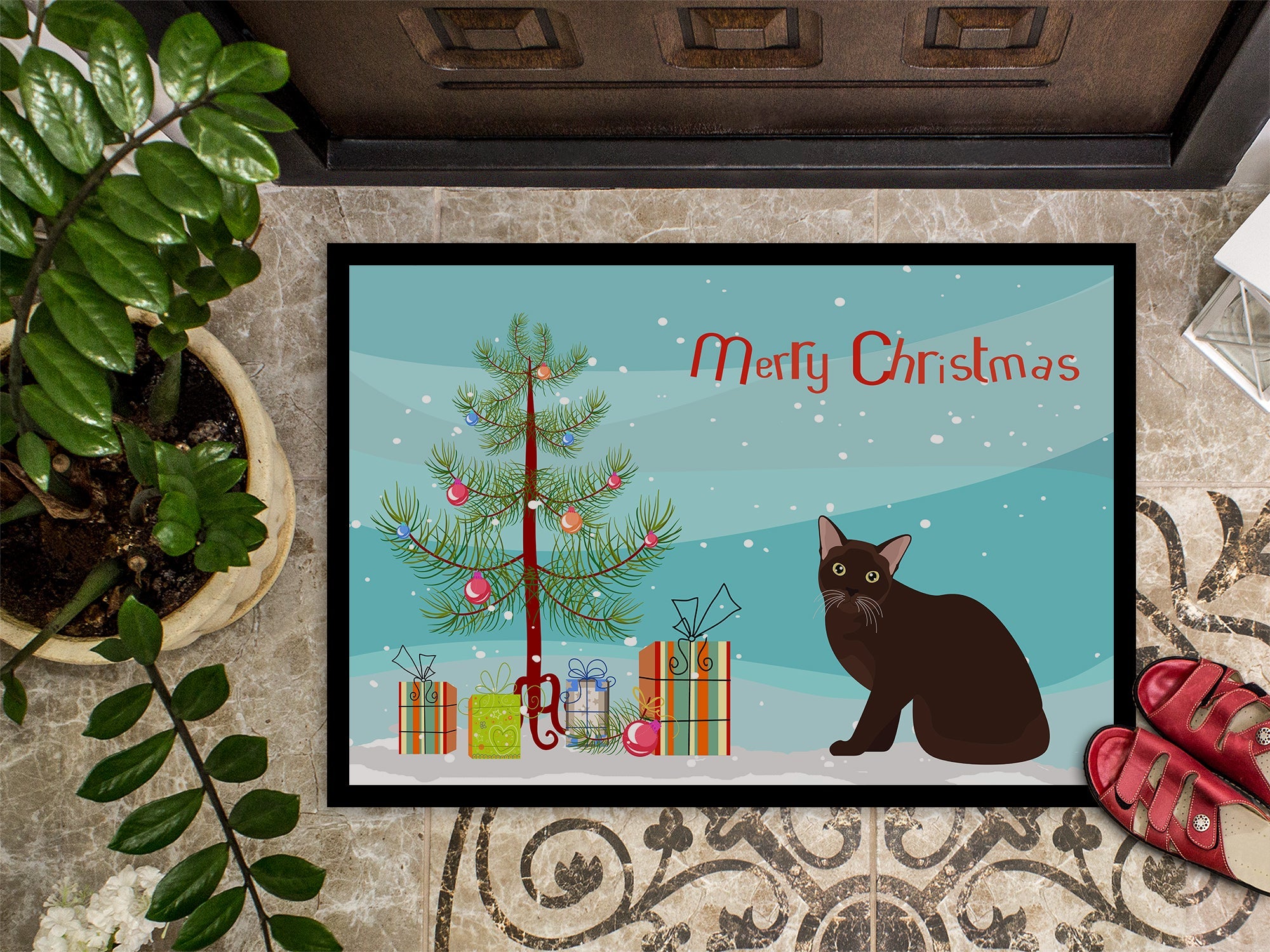 Burmese Cat Christmas Doormat Indoor Outdoor 18H X 27W Front Door Mat Rugs for Entryway, Non Slip Washable