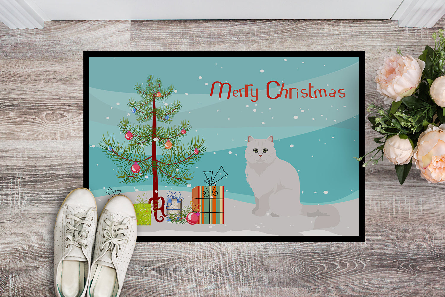 Chinchilla Persian Longhair Cat Christmas Doormat Indoor Outdoor 24H X 36W Front Door Mat Rugs for Entryway, Non Slip Washable Low Pile,
