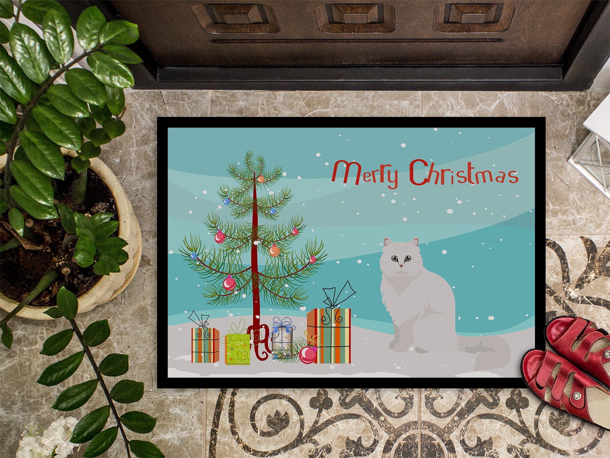 Chinchilla Persian Longhair Cat Christmas Doormat Indoor Outdoor 18H X 27W Front Door Mat Rugs for Entryway, Non Slip Washable