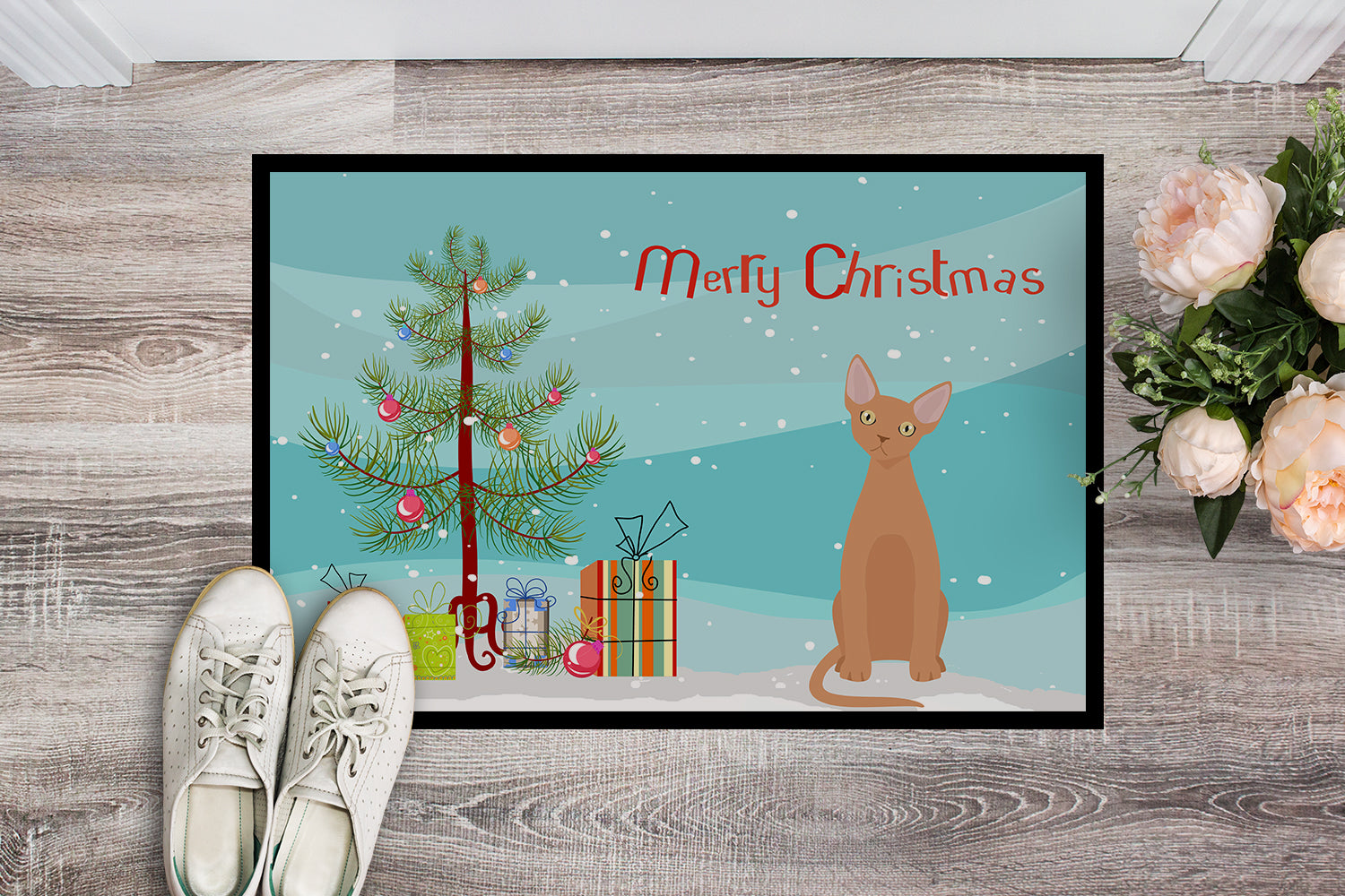 Devon Rex Cat Christmas Doormat Indoor Outdoor 18H X 27W Front Door Mat Rugs for Entryway, Non Slip Washable