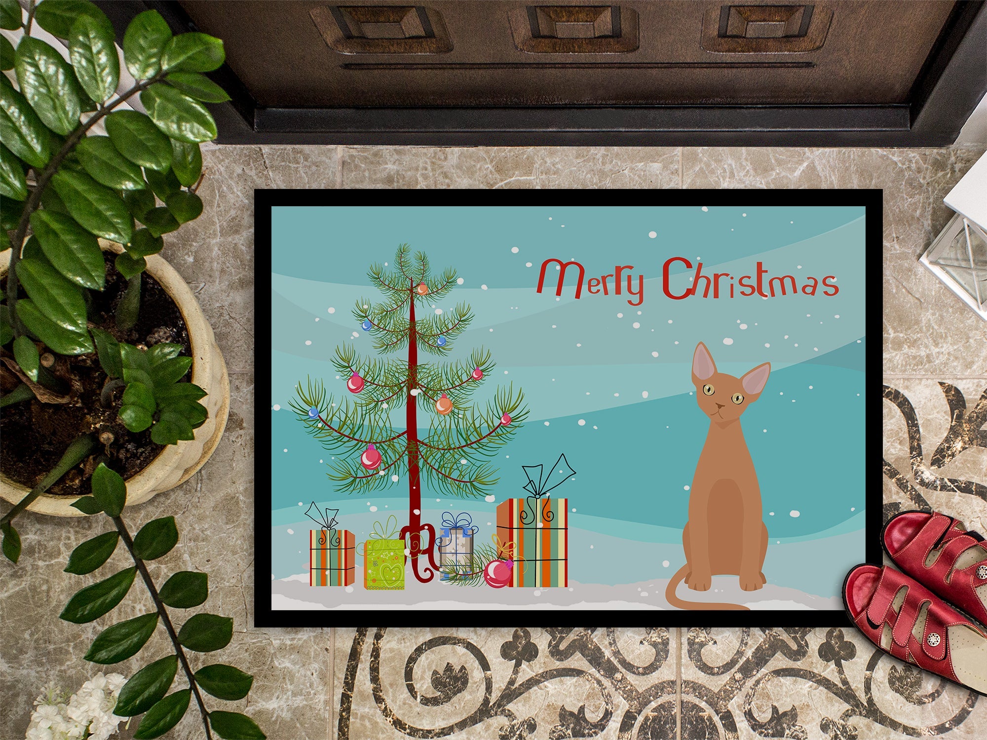 Devon Rex Cat Christmas Doormat Indoor Outdoor 18H X 27W Front Door Mat Rugs for Entryway, Non Slip Washable
