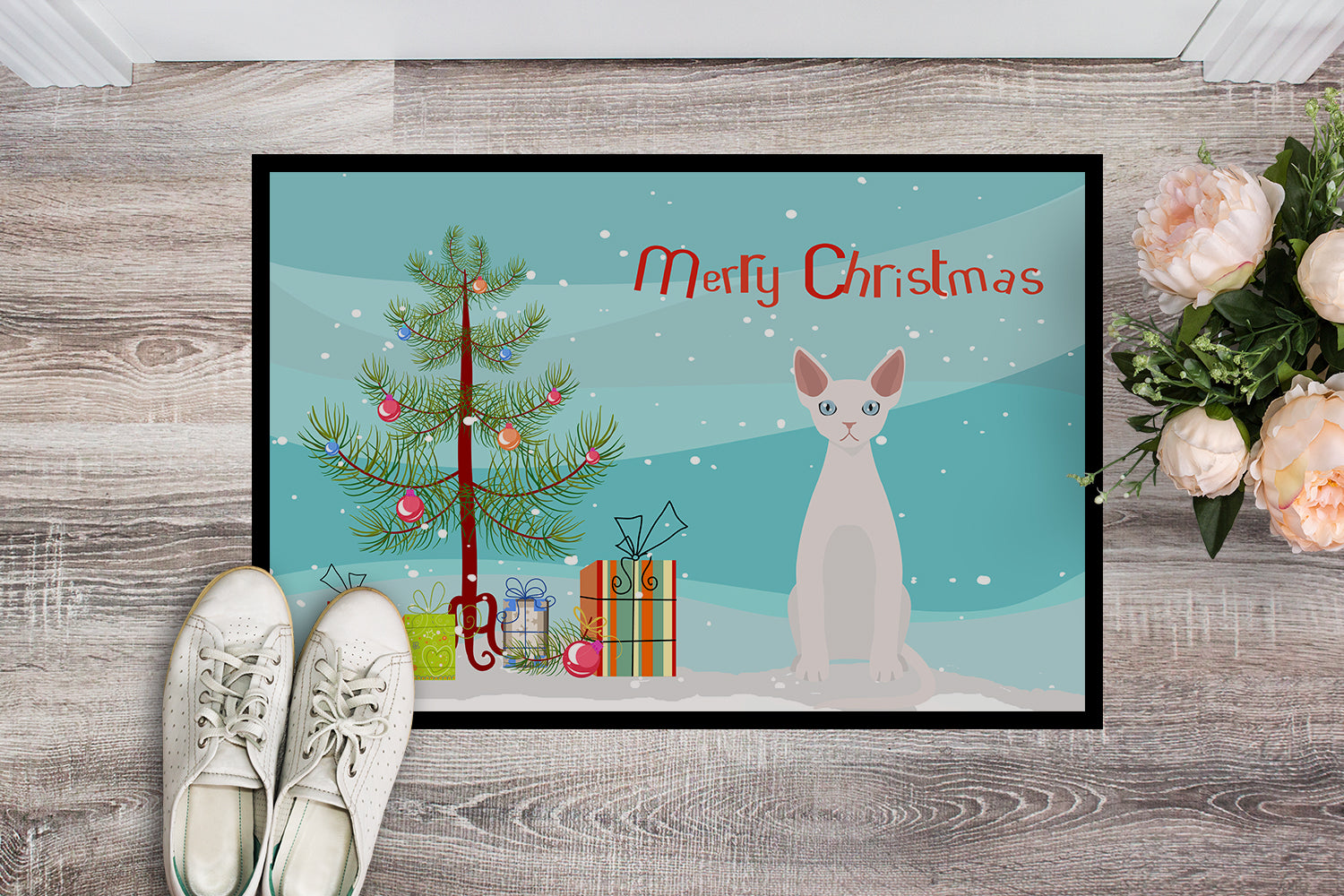 Devon Rex Cat Christmas Doormat Indoor Outdoor 18H X 27W Front Door Mat Rugs for Entryway, Non Slip Washable