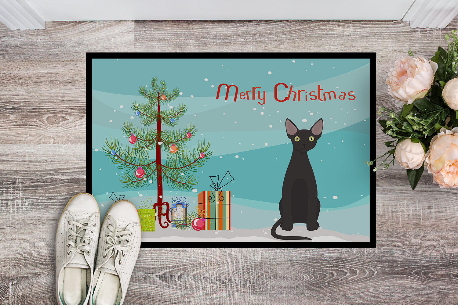 Devon Rex Cat Christmas Doormat Indoor Outdoor 24H X 36W Front Door Mat Rugs for Entryway, Non Slip Washable Low Pile,