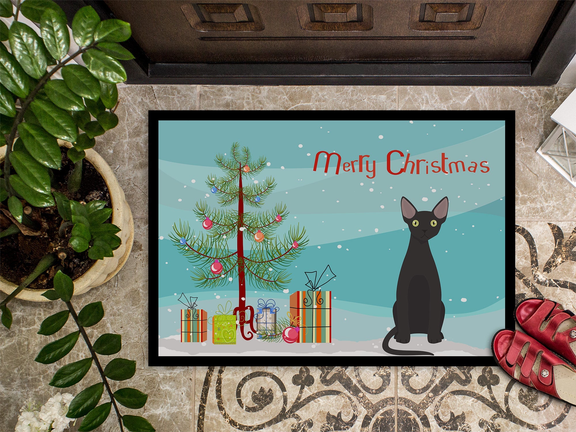 Devon Rex Cat Christmas Doormat Indoor Outdoor 24H X 36W Front Door Mat Rugs for Entryway, Non Slip Washable Low Pile,