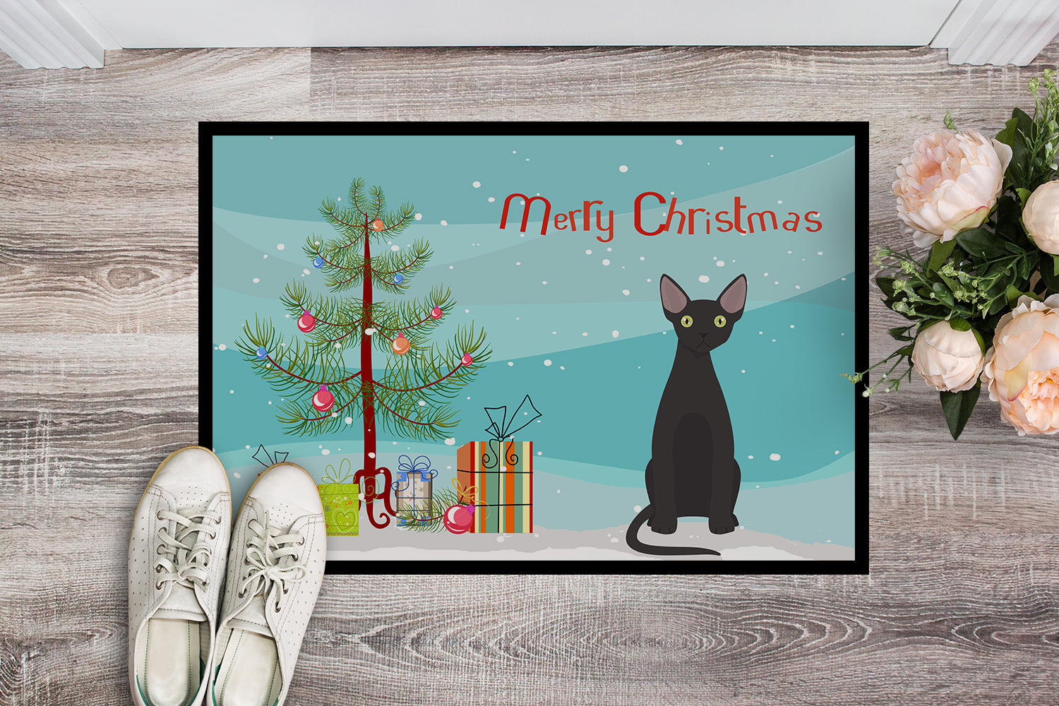 Devon Rex Cat Christmas Doormat Indoor Outdoor 18H X 27W Front Door Mat Rugs for Entryway, Non Slip Washable
