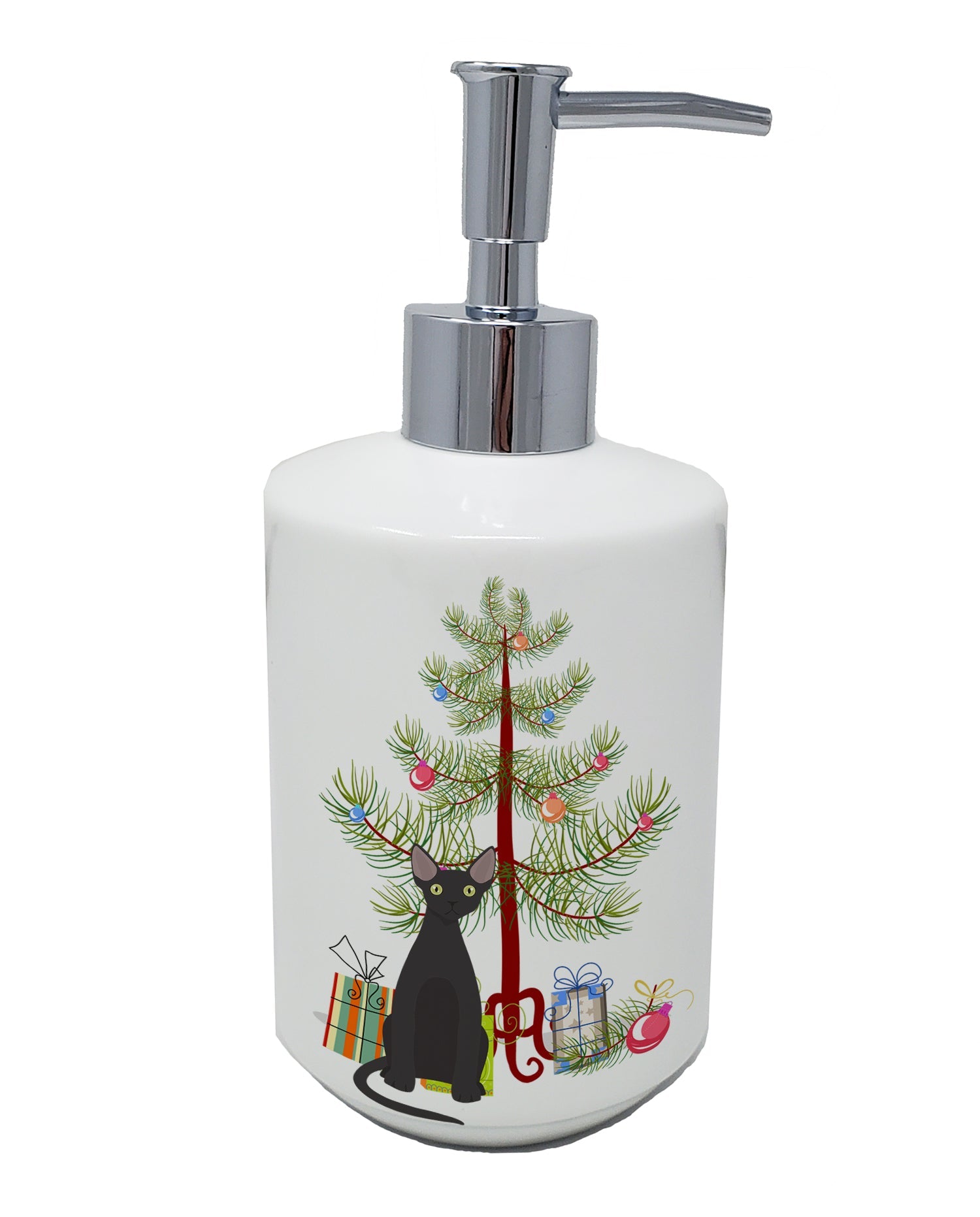 Devon Rex Cat Christmas Ceramic Soap Dispenser , Empty Refillable Hand Soap Pump Bottle for Bathroom Kitchen