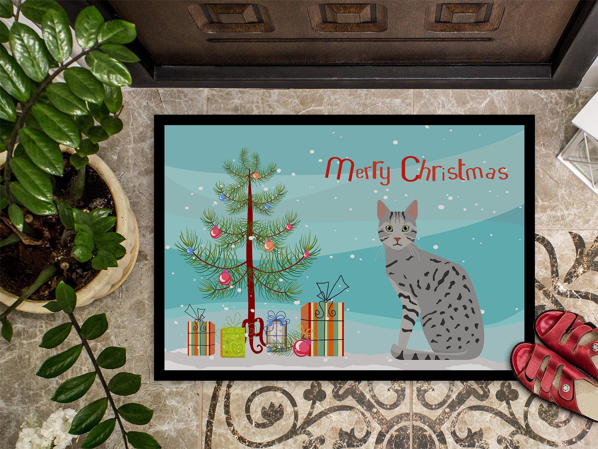 Egyptian Mau Cat Christmas Doormat Indoor Outdoor 18H X 27W Front Door Mat Rugs for Entryway, Non Slip Washable