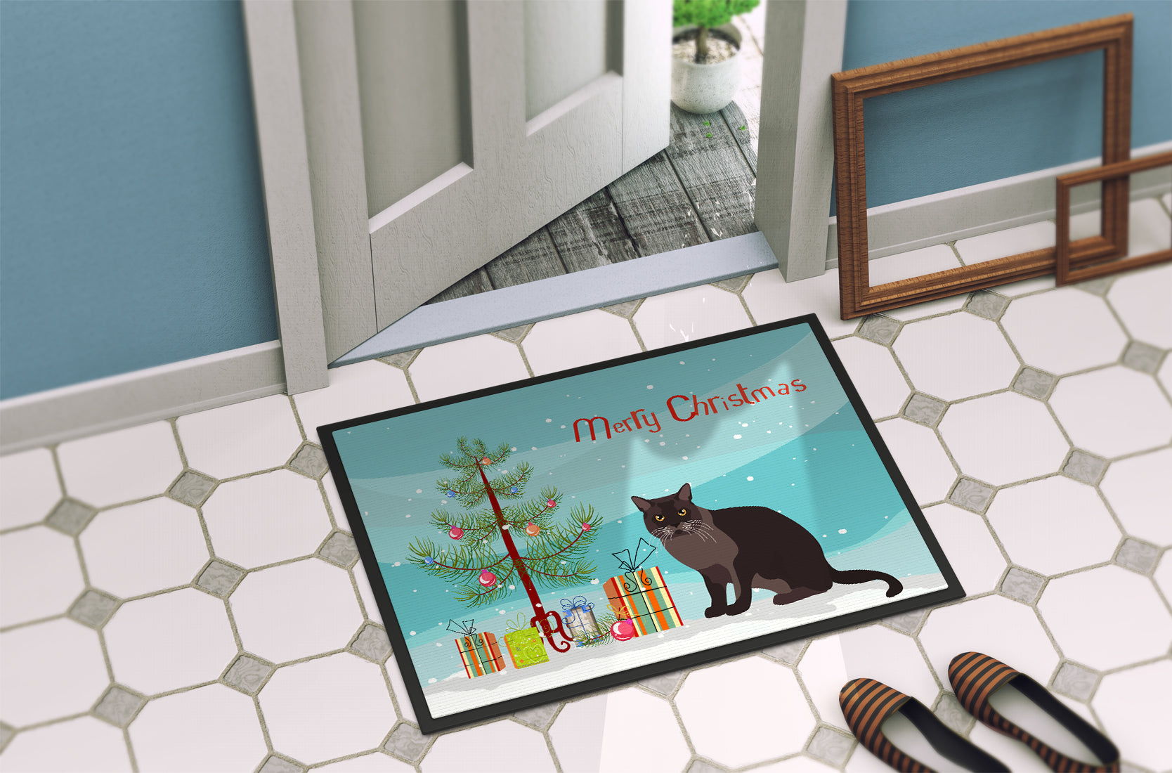 European Burmese Cat Christmas Doormat Indoor Outdoor 18H X 27W Front Door Mat Rugs for Entryway, Non Slip Washable