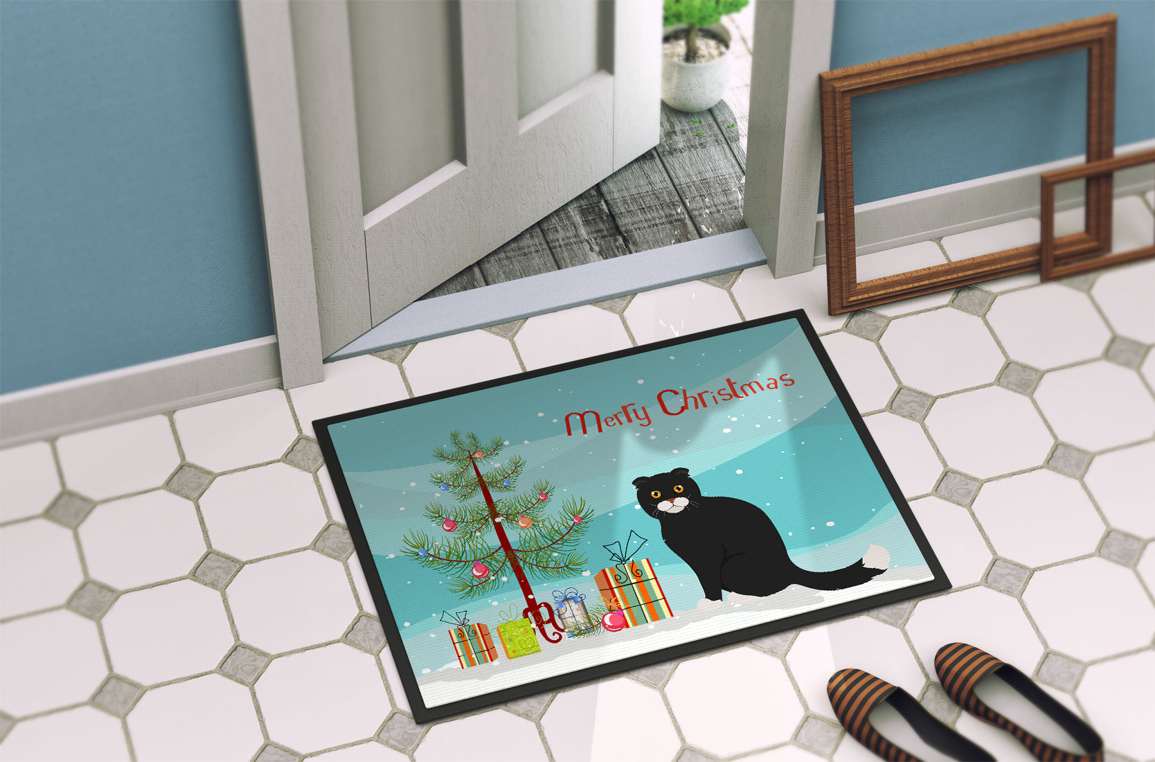 Foldex Exotic Fold Cat Christmas Doormat Indoor Outdoor 24H X 36W Front Door Mat Rugs for Entryway, Non Slip Washable Low Pile,