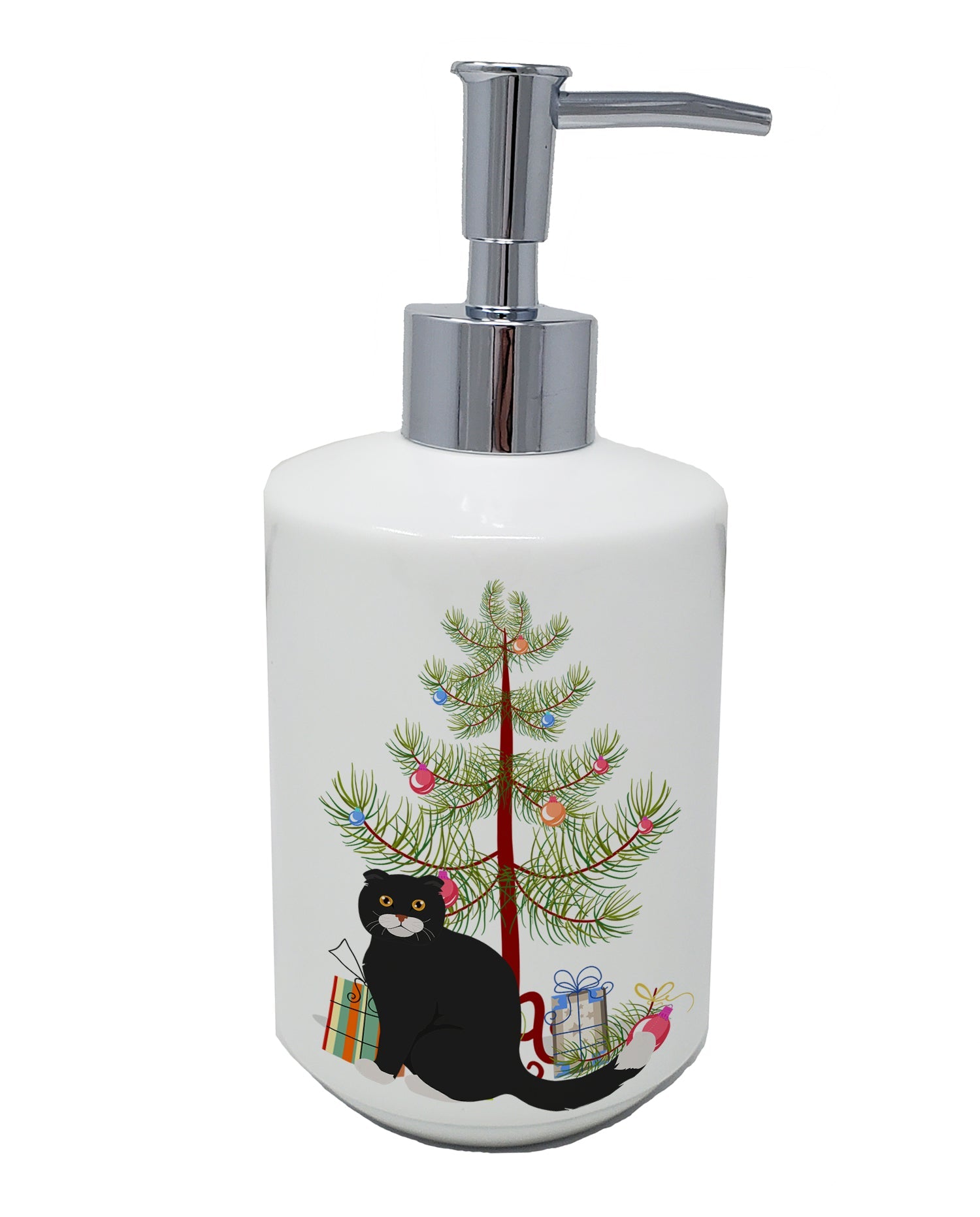 Foldex Exotic Fold Cat Christmas Ceramic Soap Dispenser , Empty Refillable Hand Soap Pump Bottle for Bathroom Kitchen