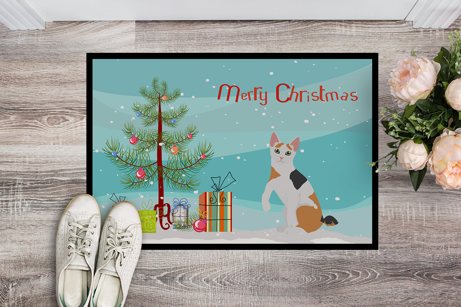 Japanese Bobtail Cat Christmas Doormat Indoor Outdoor 24H X 36W Front Door Mat Rugs for Entryway, Non Slip Washable Low Pile,
