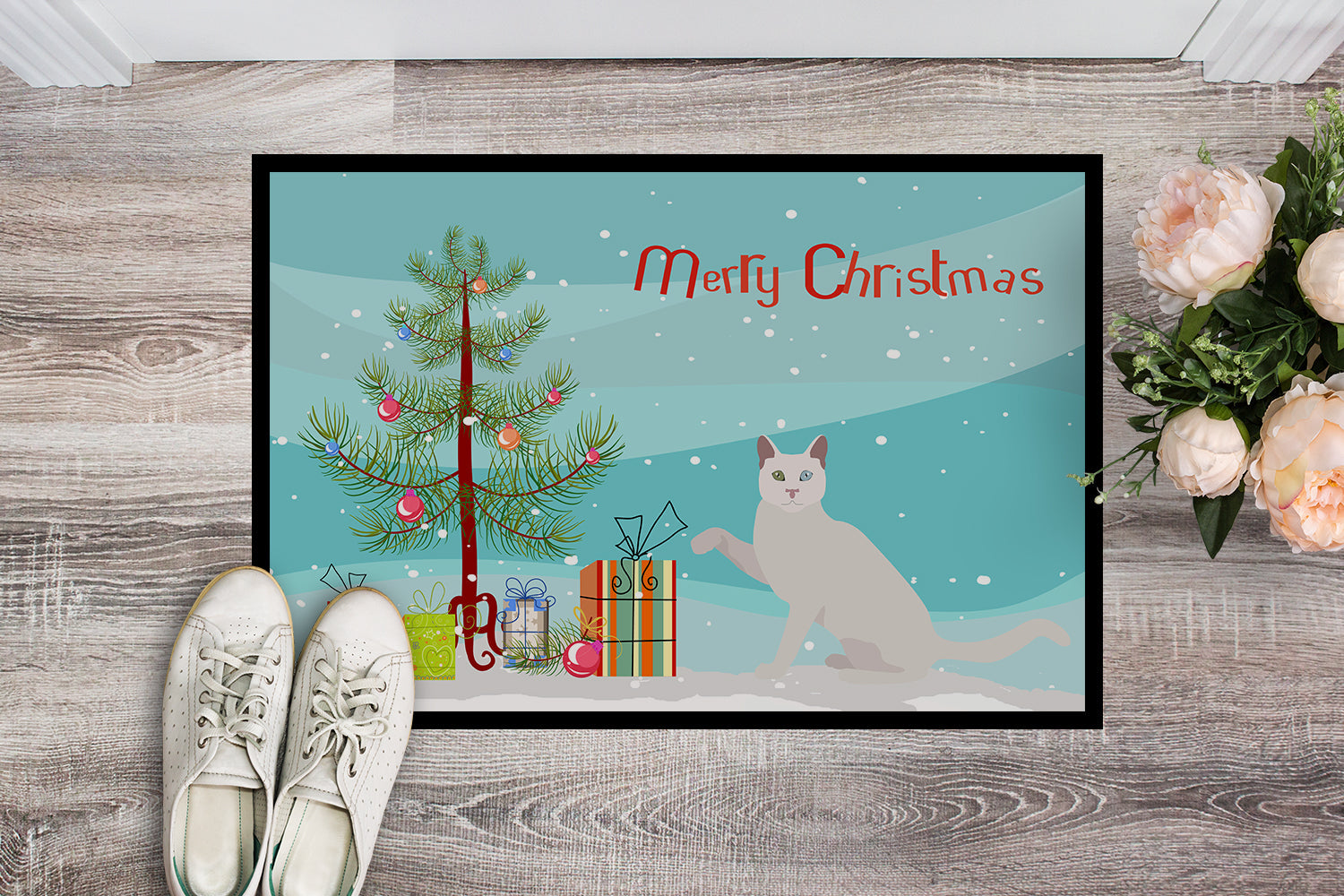 Khao Manee Cat Christmas Doormat Indoor Outdoor 24H X 36W Front Door Mat Rugs for Entryway, Non Slip Washable Low Pile,