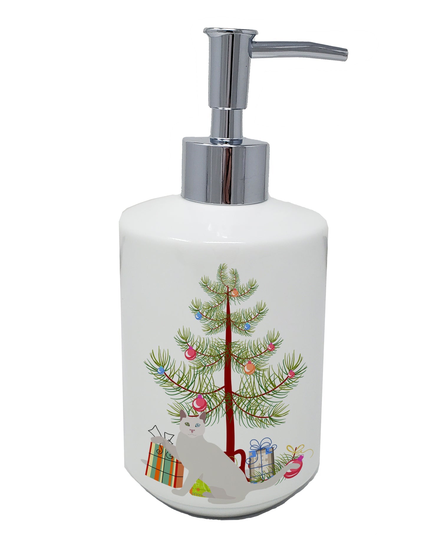 Khao Manee Cat Christmas Ceramic Soap Dispenser , Empty Refillable Hand Soap Pump Bottle for Bathroom Kitchen
