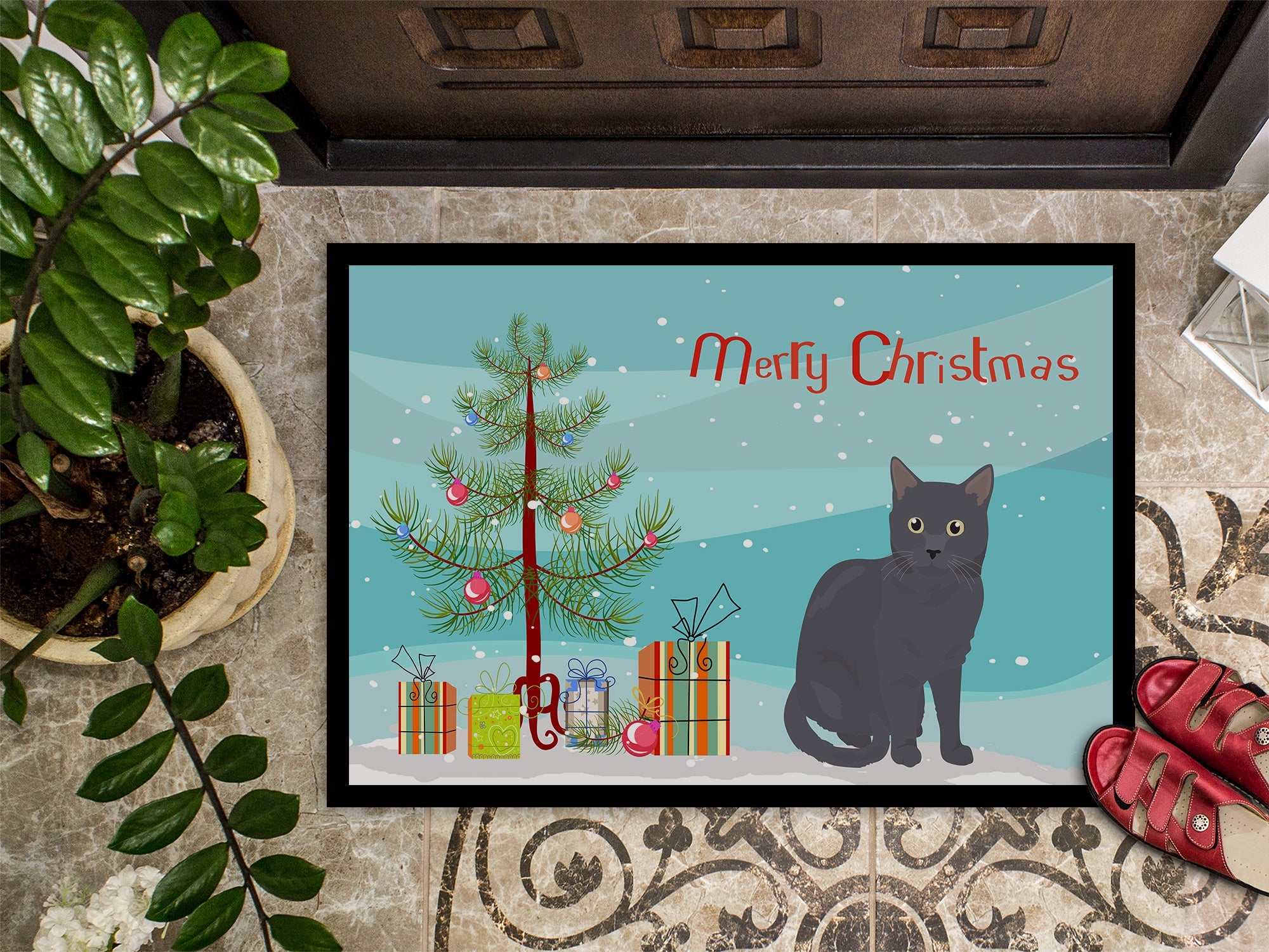 Nebelung Cat Christmas Doormat Indoor Outdoor 24H X 36W Front Door Mat Rugs for Entryway, Non Slip Washable Low Pile,