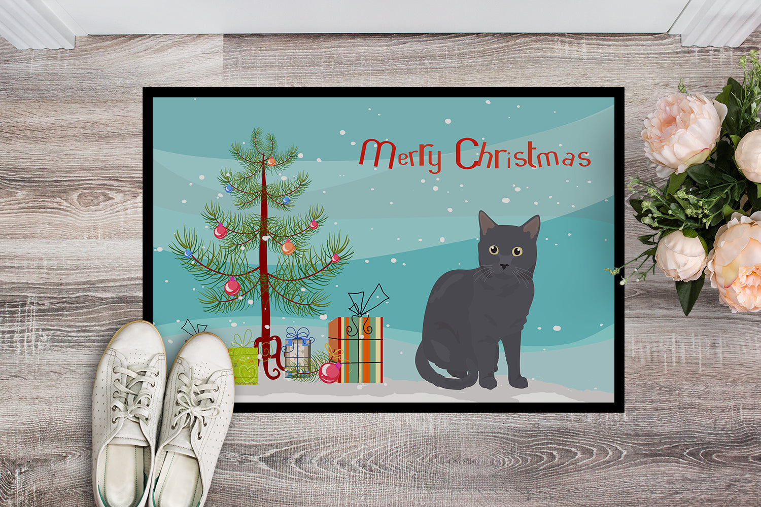 Nebelung Cat Christmas Doormat Indoor Outdoor 18H X 27W Front Door Mat Rugs for Entryway, Non Slip Washable