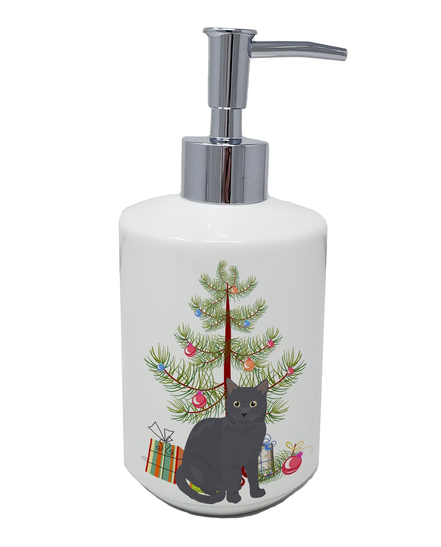 Nebelung Cat Christmas Ceramic Soap Dispenser , Empty Refillable Hand Soap Pump Bottle for Bathroom Kitchen