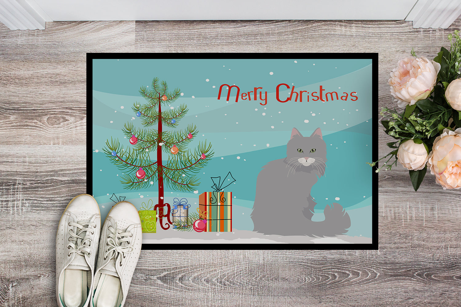 Norwegian Forest Cat Christmas Doormat Indoor Outdoor 18H X 27W Front Door Mat Rugs for Entryway, Non Slip Washable