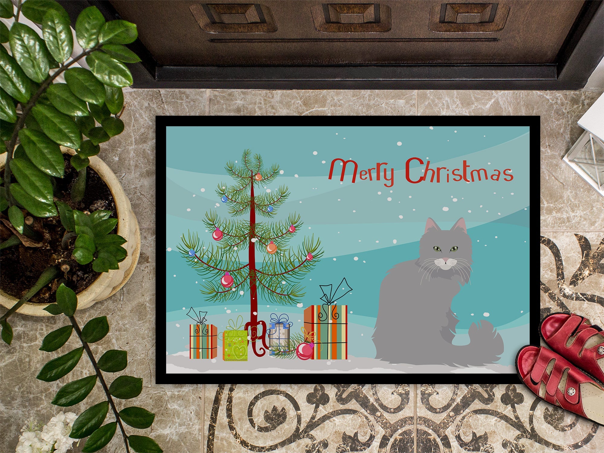Norwegian Forest Cat Christmas Doormat Indoor Outdoor 18H X 27W Front Door Mat Rugs for Entryway, Non Slip Washable