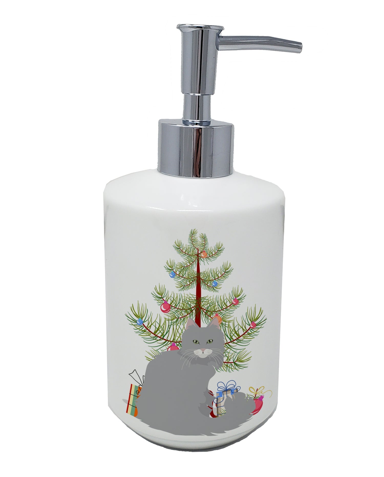 Norwegian Forest Cat Christmas Ceramic Soap Dispenser , Empty Refillable Hand Soap Pump Bottle for Bathroom Kitchen