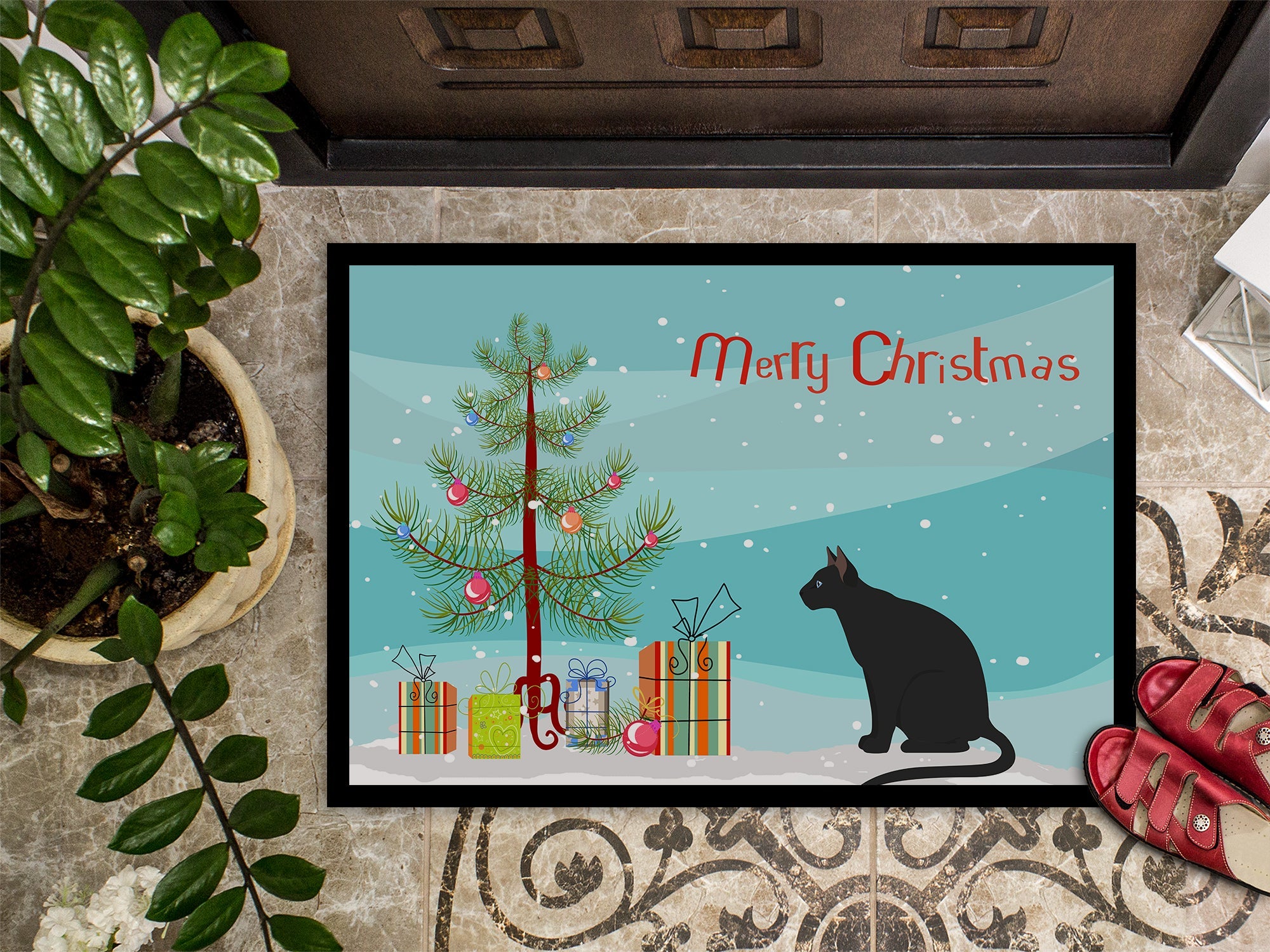 Ojos Azules Cat Christmas Doormat Indoor Outdoor 24H X 36W Front Door Mat Rugs for Entryway, Non Slip Washable Low Pile,