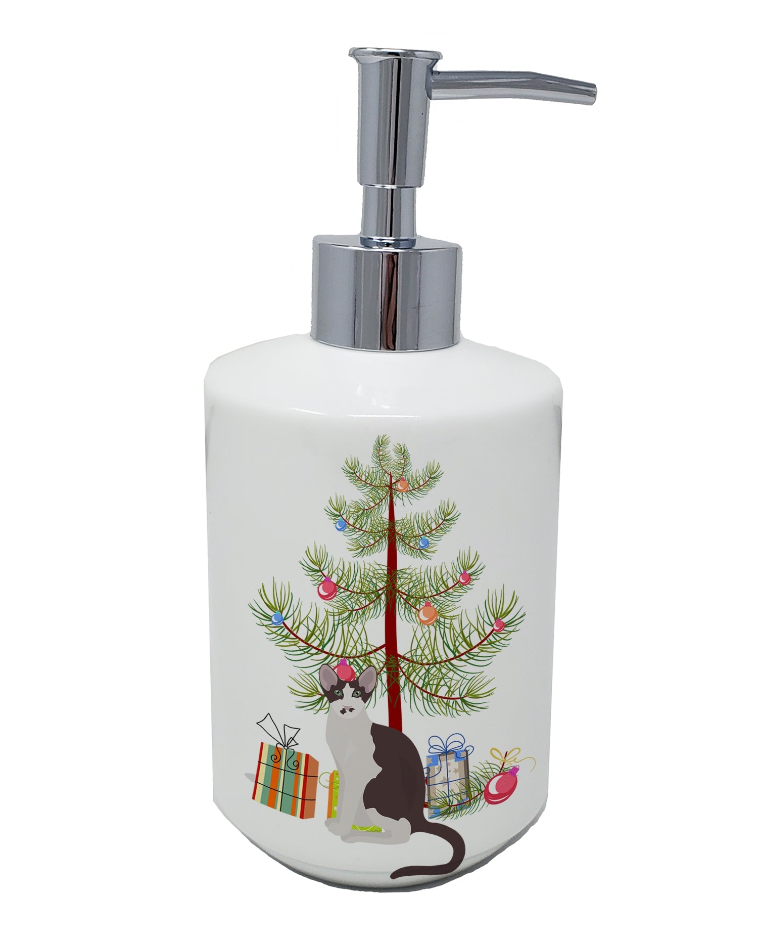 Oriental Bicolor Cat Christmas Ceramic Soap Dispenser , Empty Refillable Hand Soap Pump Bottle for Bathroom Kitchen