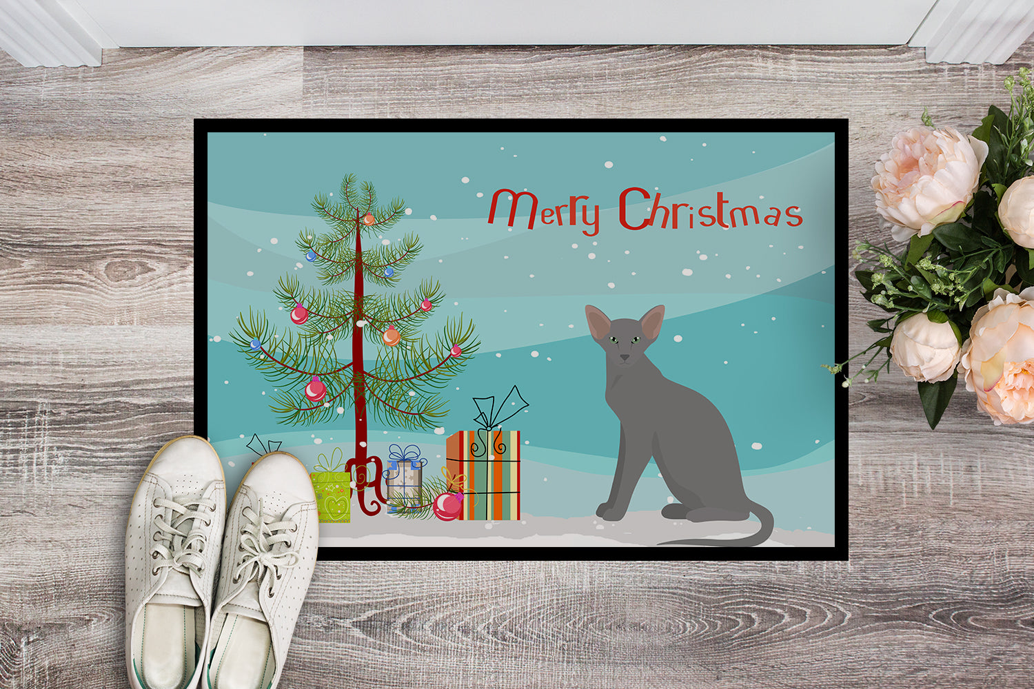 Oriental Shorthair Cat Christmas Doormat Indoor Outdoor 24H X 36W Front Door Mat Rugs for Entryway, Non Slip Washable Low Pile,
