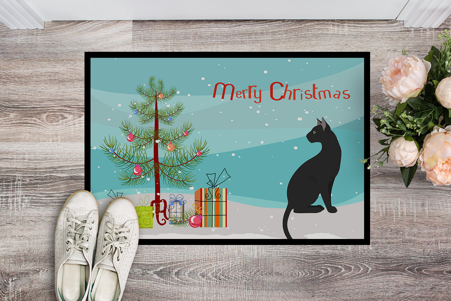 Pantherette Cat Christmas Doormat Indoor Outdoor 24H X 36W Front Door Mat Rugs for Entryway, Non Slip Washable Low Pile,