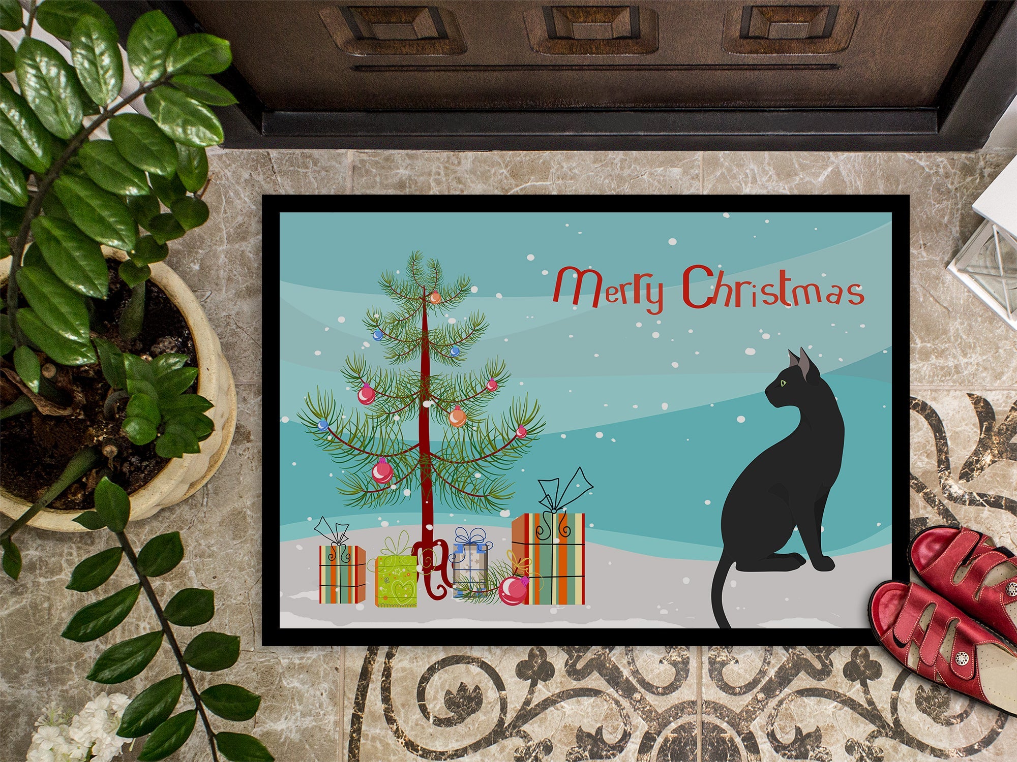 Pantherette Cat Christmas Doormat Indoor Outdoor 24H X 36W Front Door Mat Rugs for Entryway, Non Slip Washable Low Pile,