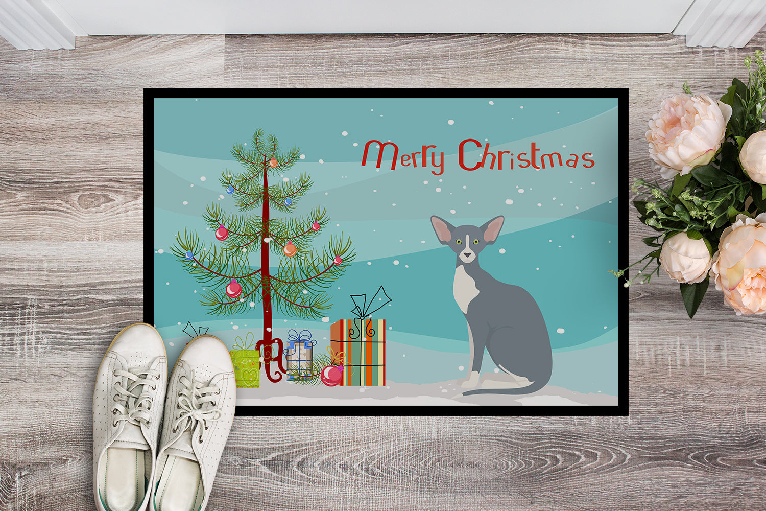 Peterbald Cat Merry Christmas Doormat Indoor Outdoor 18H X 27W Front Door Mat Rugs for Entryway, Non Slip Washable