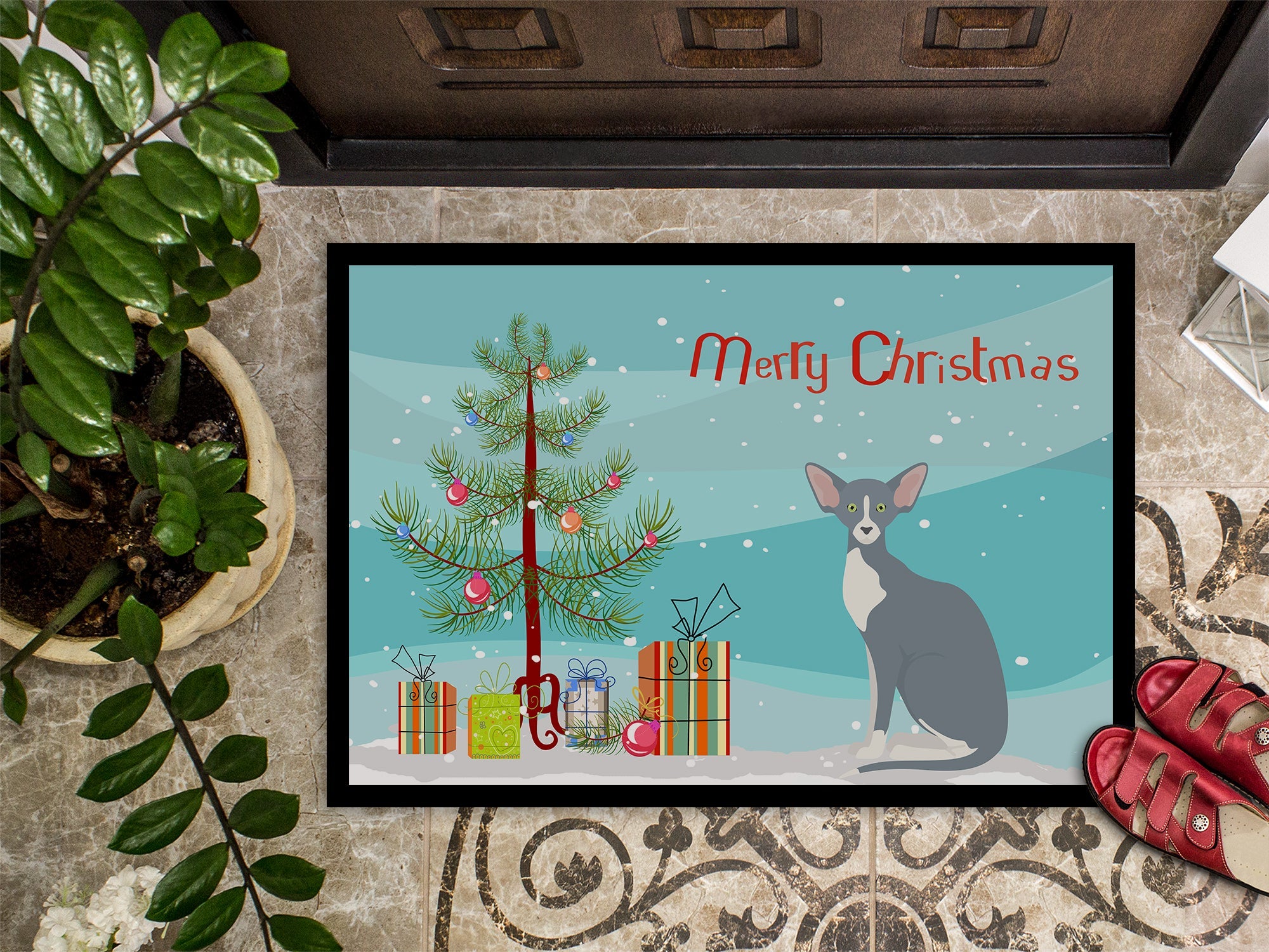 Peterbald Cat Merry Christmas Doormat Indoor Outdoor 18H X 27W Front Door Mat Rugs for Entryway, Non Slip Washable