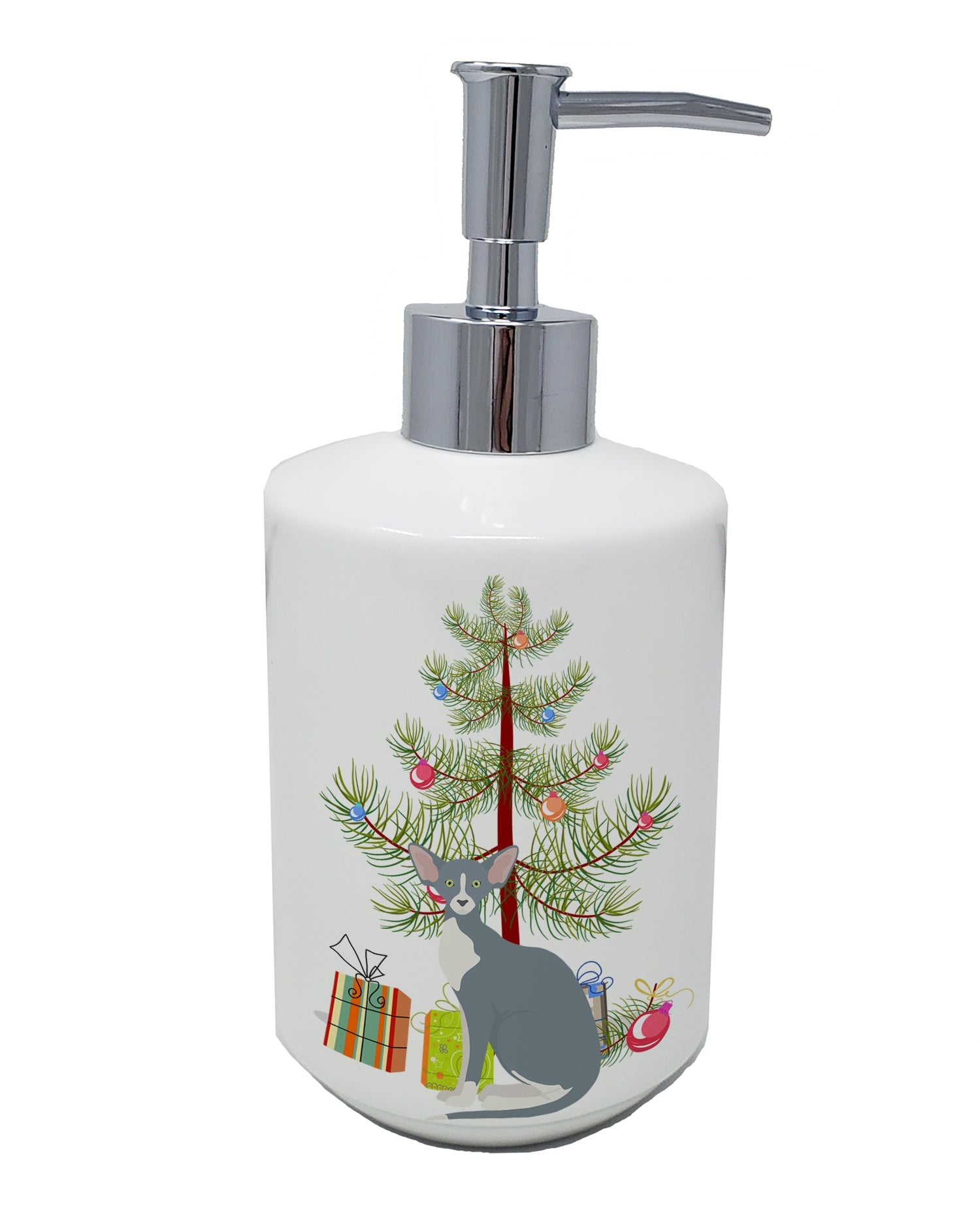 Peterbald Cat Merry Christmas Ceramic Soap Dispenser , Empty Refillable Hand Soap Pump Bottle for Bathroom Kitchen
