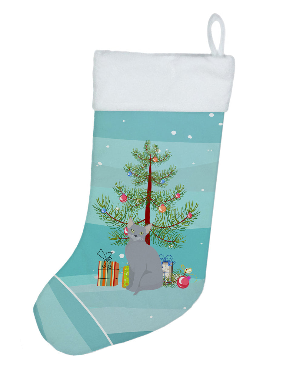 Russian Blue Cat Christmas Holiday Stocking Double-Sided Print, Polyester Suede,11x18, Made in USA
