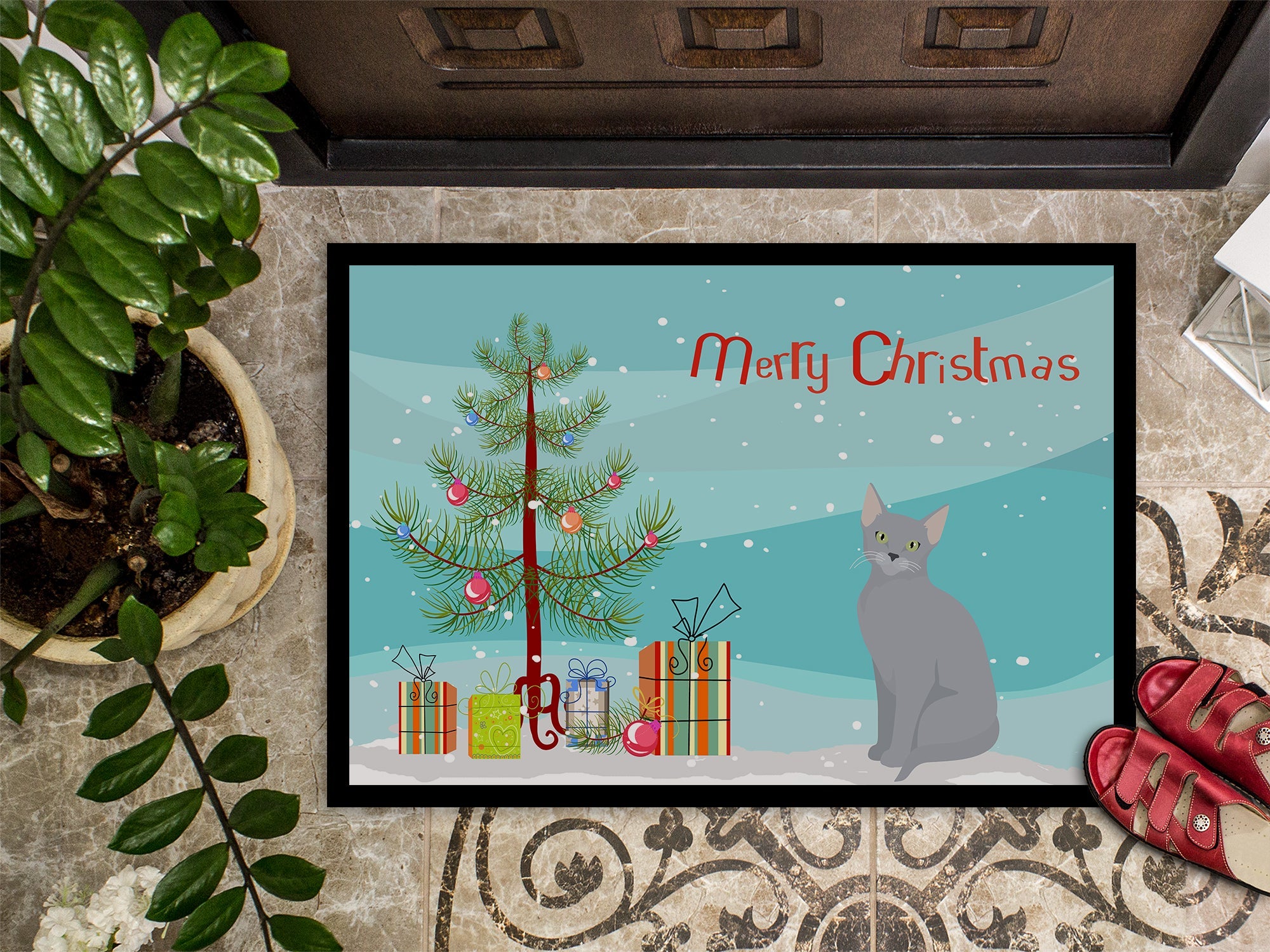Russian Blue Cat Christmas Doormat Indoor Outdoor 24H X 36W Front Door Mat Rugs for Entryway, Non Slip Washable Low Pile,