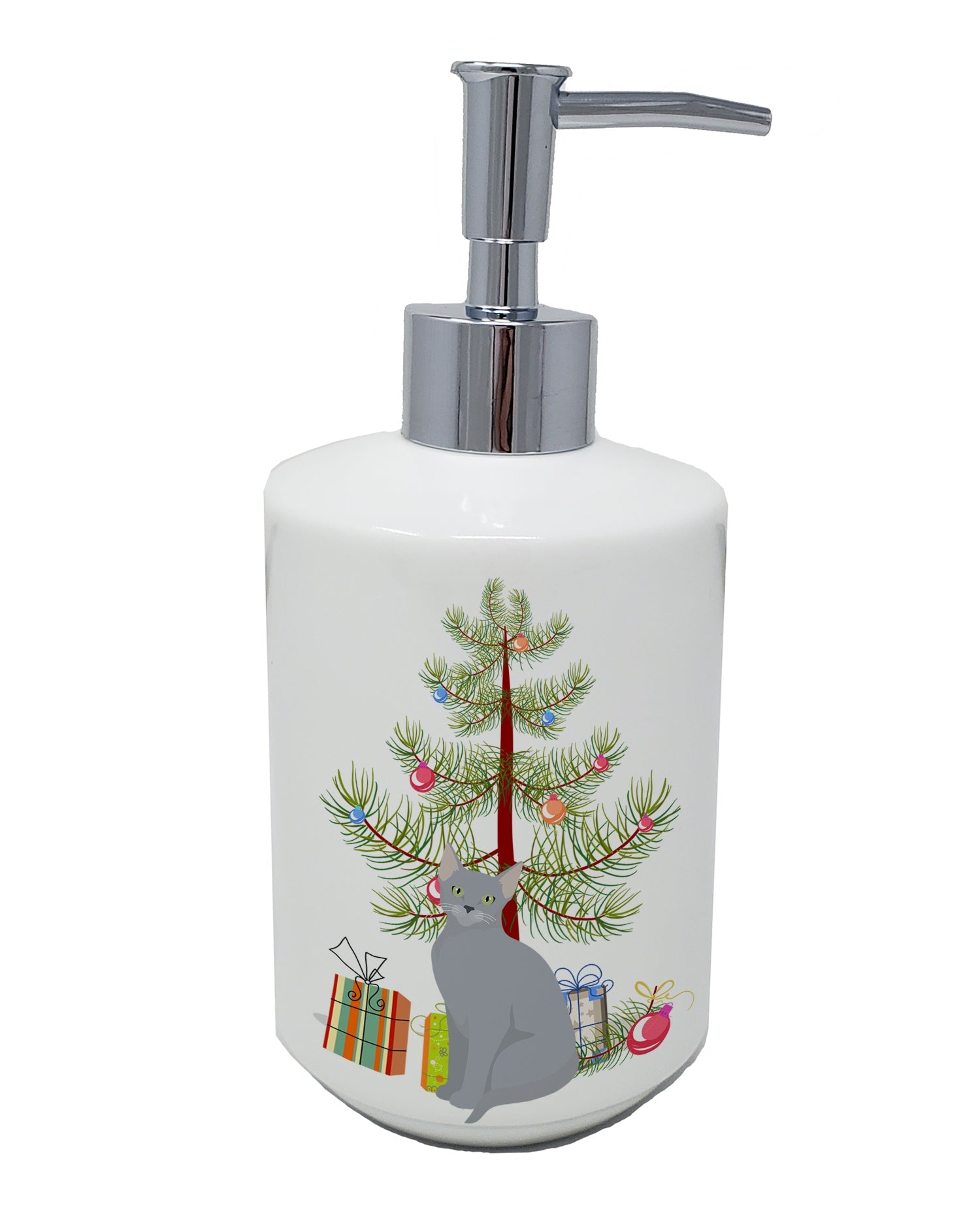 Russian Blue Cat Christmas Ceramic Soap Dispenser , Empty Refillable Hand Soap Pump Bottle for Bathroom Kitchen