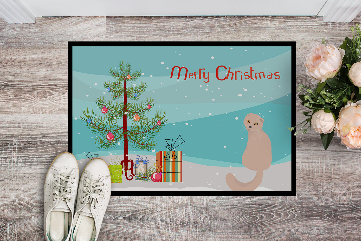 Scottish Fold Cat Christmas Doormat Indoor Outdoor 18H X 27W Front Door Mat Rugs for Entryway, Non Slip Washable