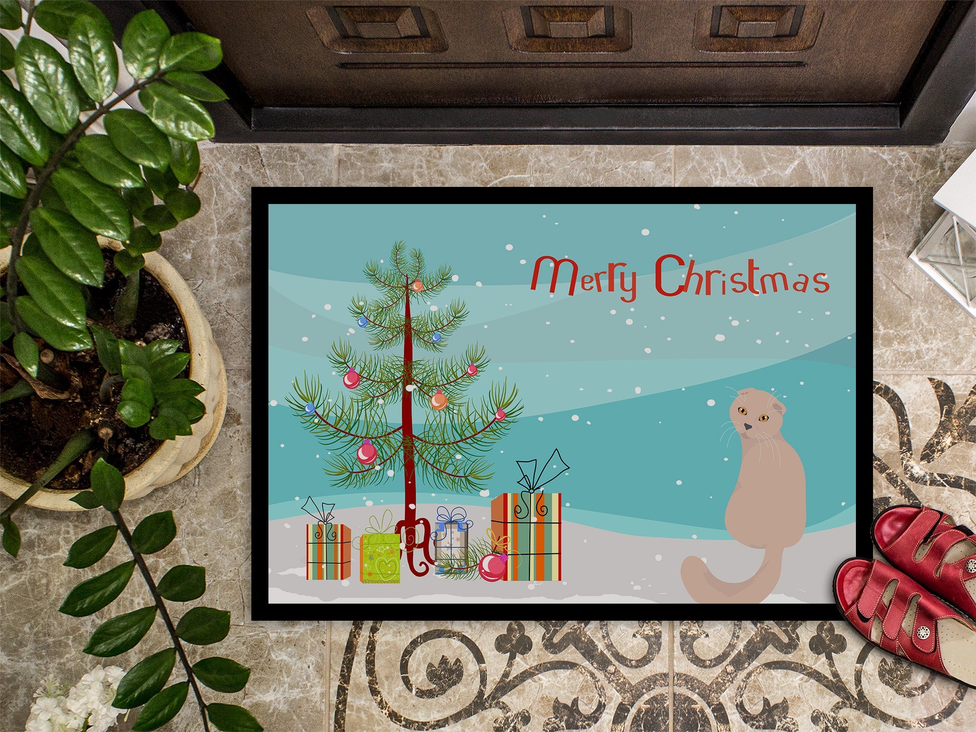 Scottish Fold Cat Christmas Doormat Indoor Outdoor 18H X 27W Front Door Mat Rugs for Entryway, Non Slip Washable