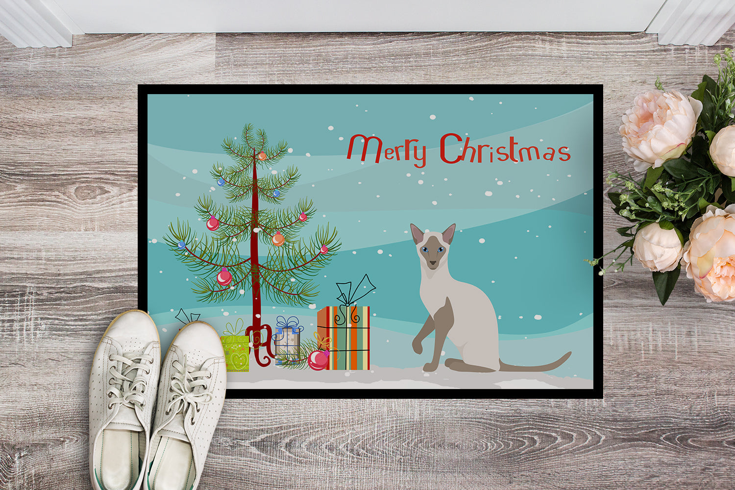 Siamese Modern Cat Christmas Doormat Indoor Outdoor 18H X 27W Front Door Mat Rugs for Entryway, Non Slip Washable