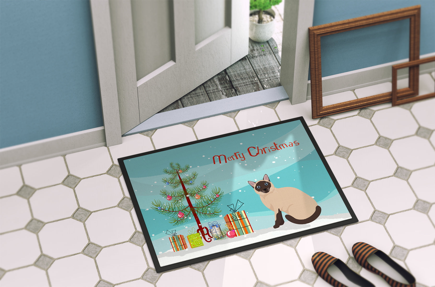 Siamese Traditional Cat Christmas Doormat Indoor Outdoor 18H X 27W Front Door Mat Rugs for Entryway, Non Slip Washable