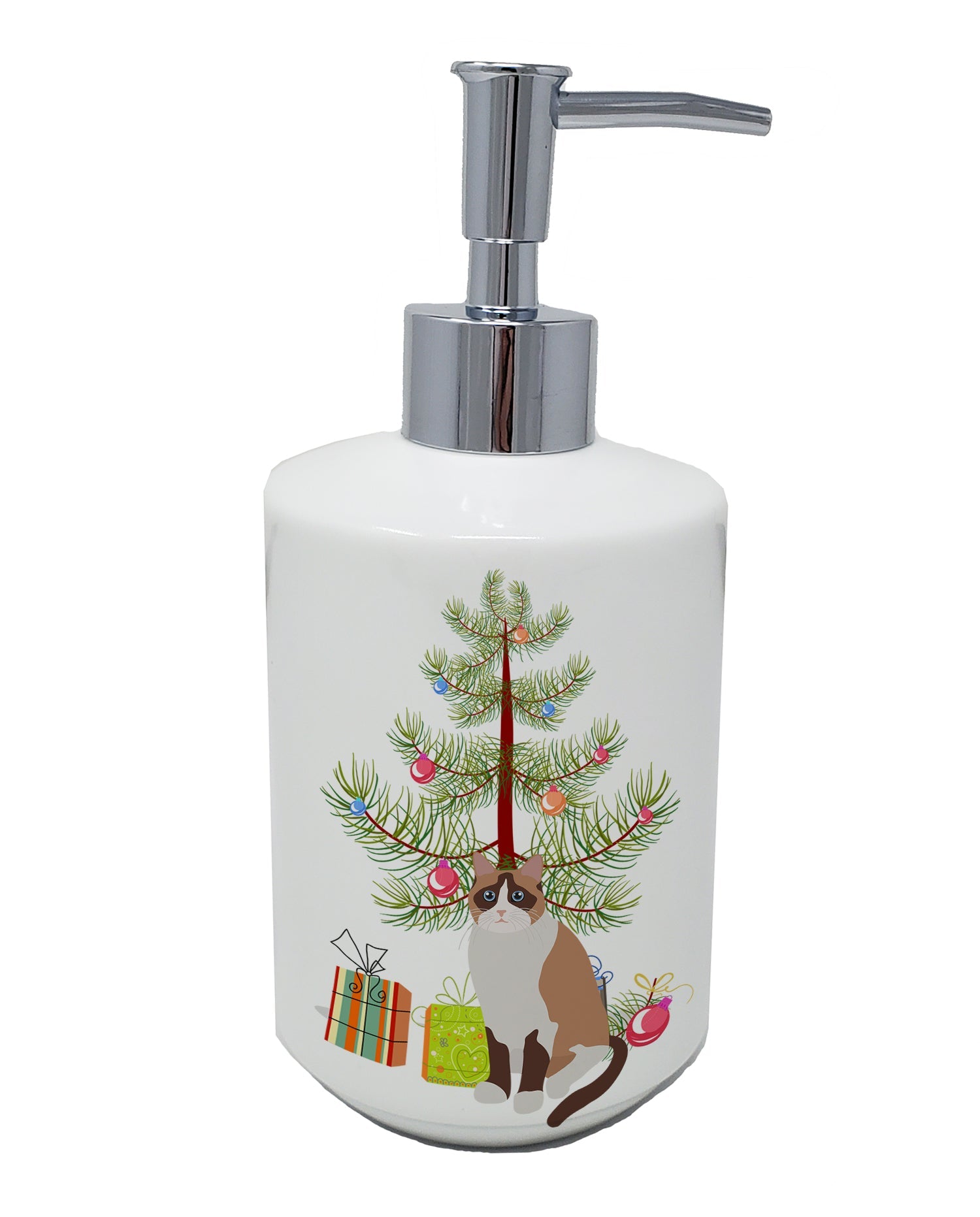Snowshoe Cat Christmas Ceramic Soap Dispenser , Empty Refillable Hand Soap Pump Bottle for Bathroom Kitchen